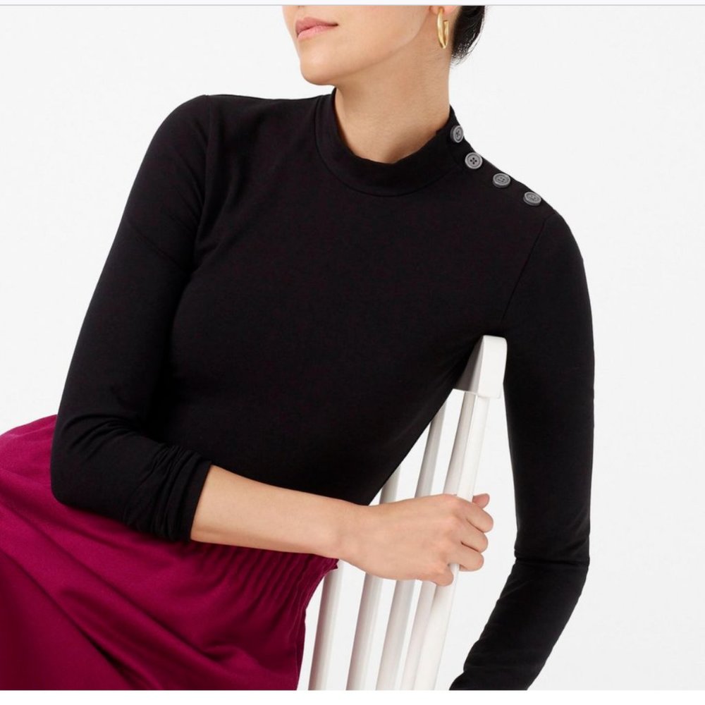 J.CREW BLACK BUTTON SHOULDERS MOCK NECK BODYSUIT - Picture 2 of 4